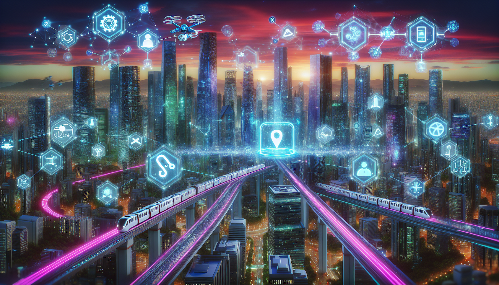 A futuristic cityscape with AI technology symbols, representing the future of link building