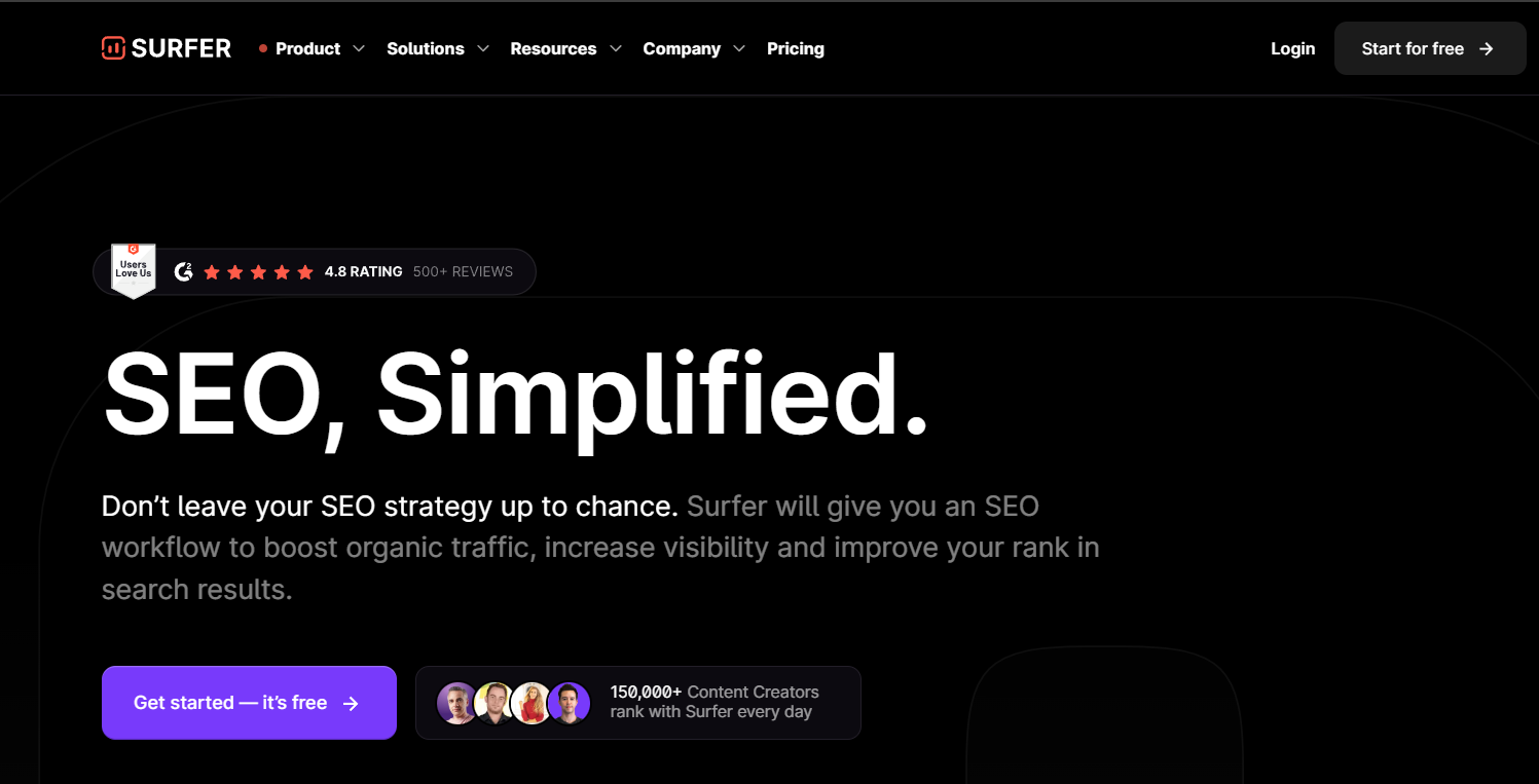 Surfer SEO homepage