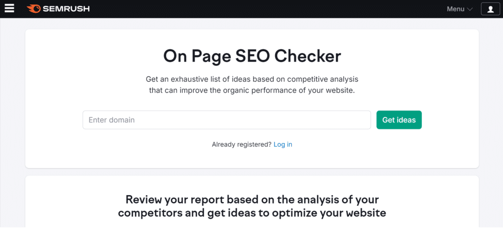 SEM rush on page SEO checker homepage