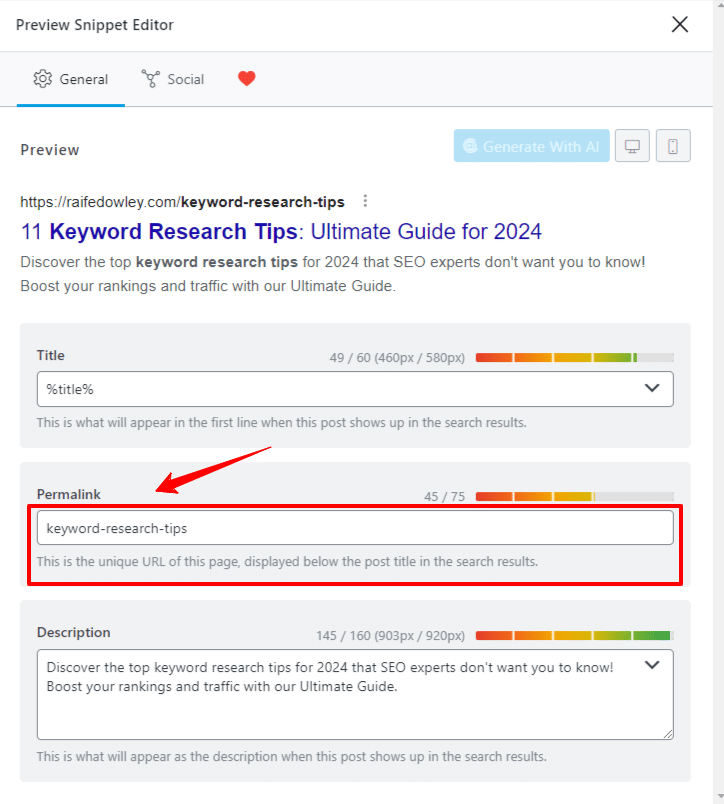 Screenshot showing where to set the URL keyword
