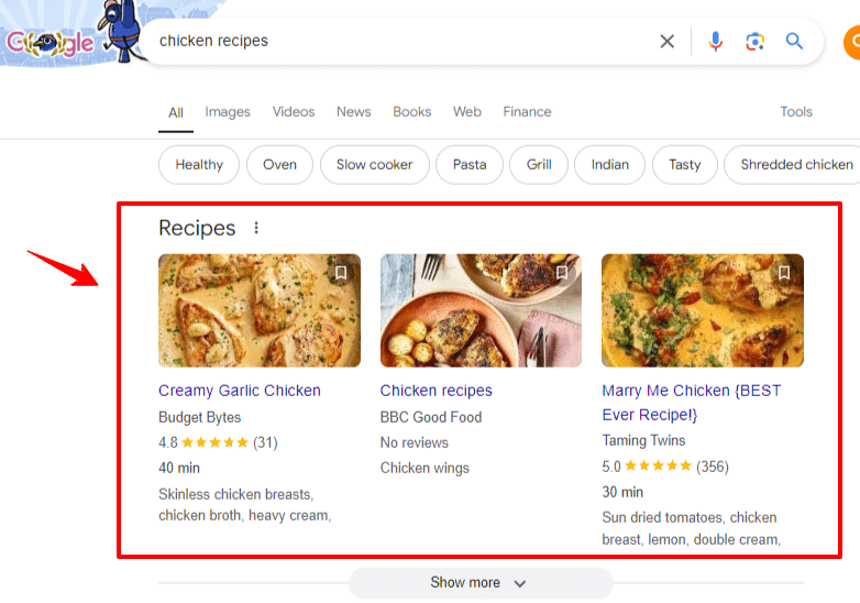 Shema markup in Google for recipes