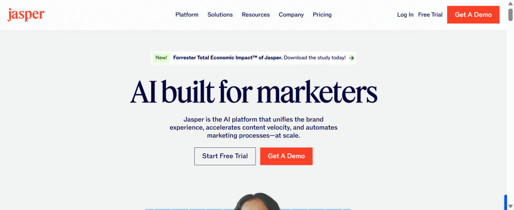 Screenshot of the new Jasper AI homepage