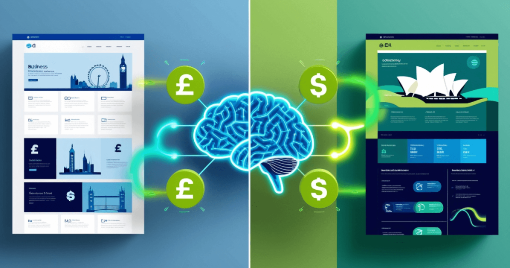 AI brain personalizes two websites, connected by currency symbols