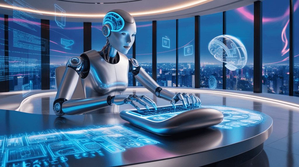 Futuristic robot working on glowing keyboard, surrounded by virtual displays