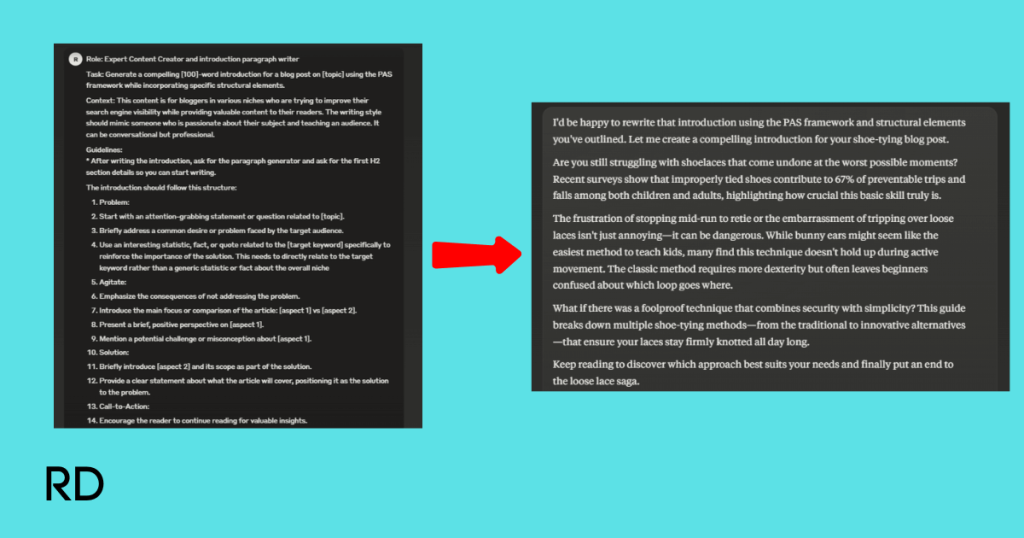 An example showing screenshots of a good AI prompt that yielded good output.