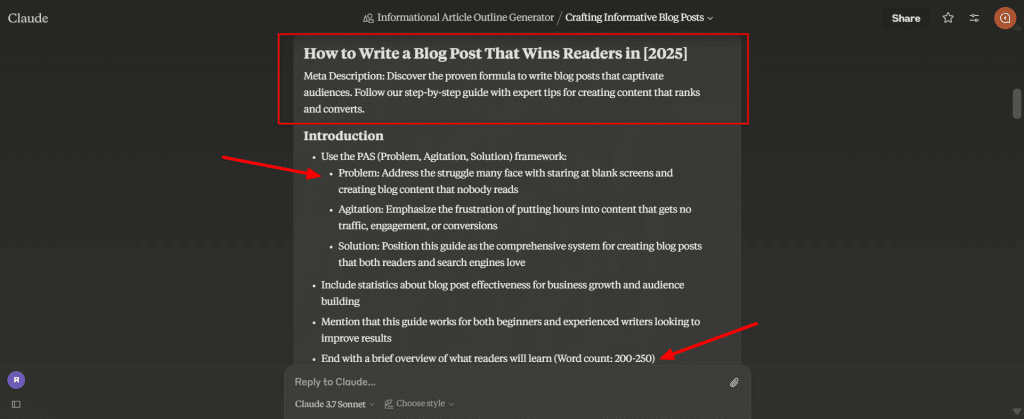 A Claude AI-generated blog outline titled "How to Write a Blog Post That Wins Readers in [2025]," with a PAS framework and highlighted key points.