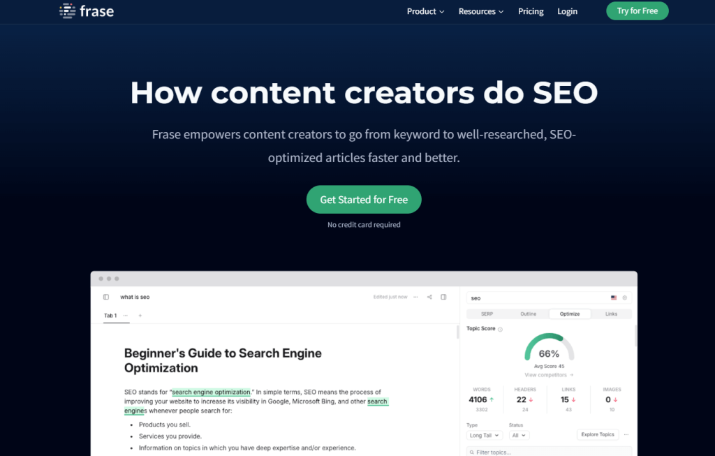 Frase.io homepage showcasing AI-powered SEO content creation