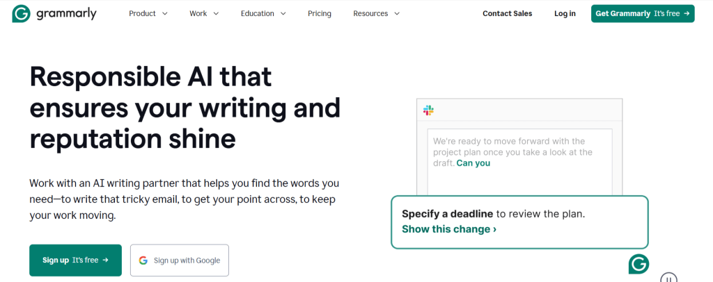 This is a screenshot of the Grammarly Homepage
