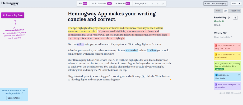 This is a screenshot of the Hemingway Editor Homepage.