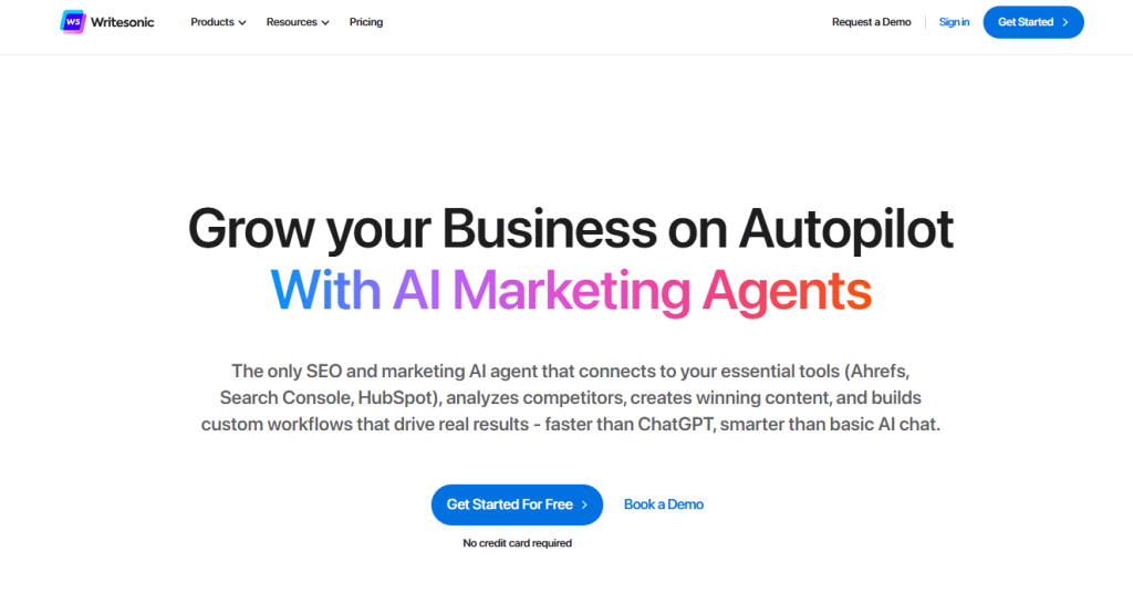 Writesonic AI homepage promoting AI marketing agents