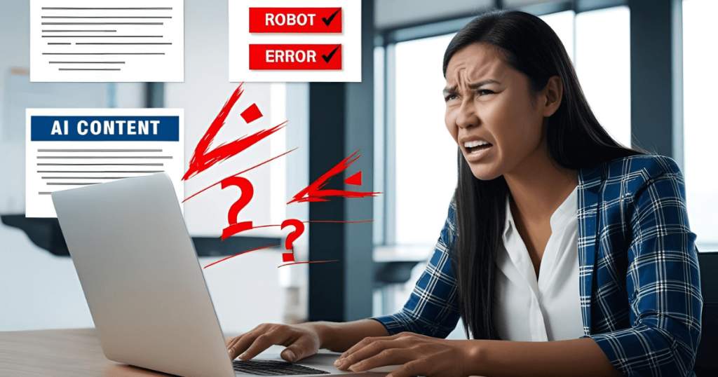 Frustrated woman looking confused at laptop displaying AI content with error warnings and question marks, showing common mistakes when scaling content with AI.