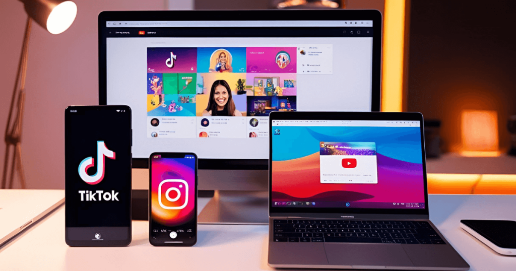 This is a mockup showing different devices with different video platforms being used.