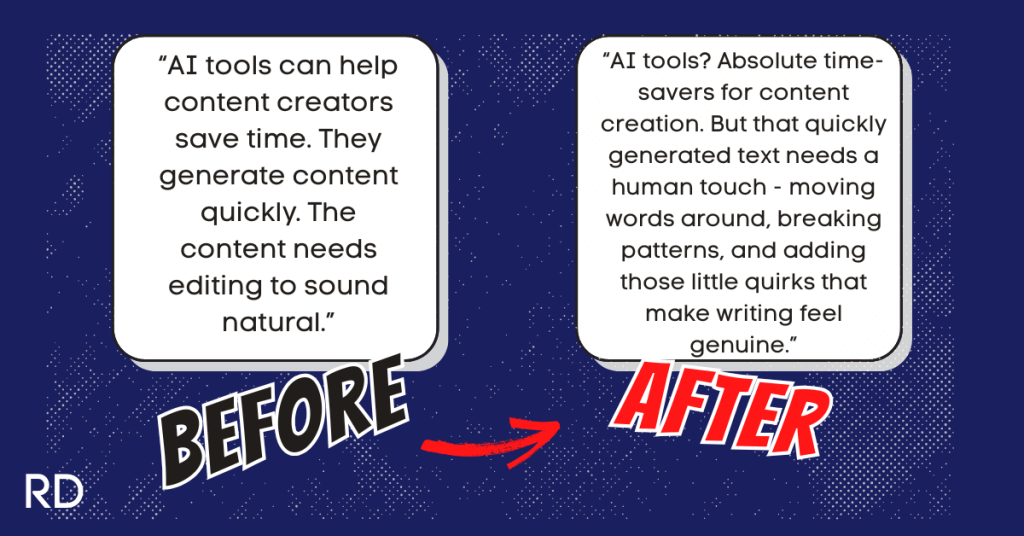 This is a comparison graphic showing the difference between AI generated text and that which has been humanized.