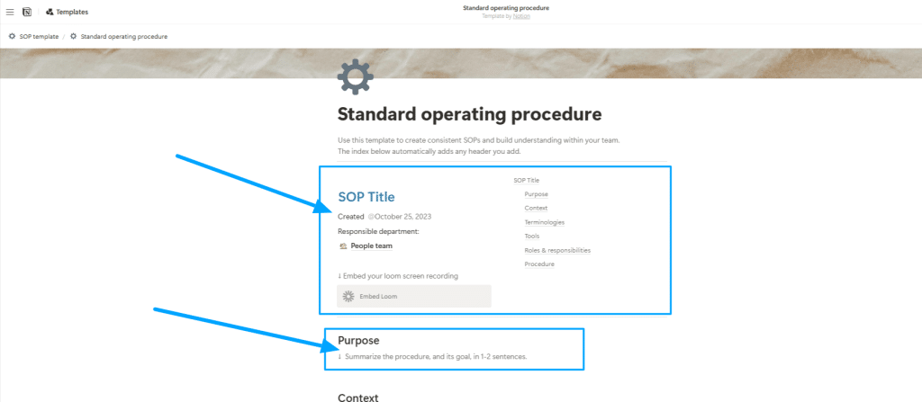 This shows an SOP template with steps and different sections hosted on Notion. 