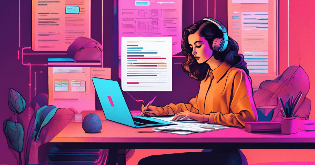 This is an image showing a person sitting at a desk, manually reviewing content.