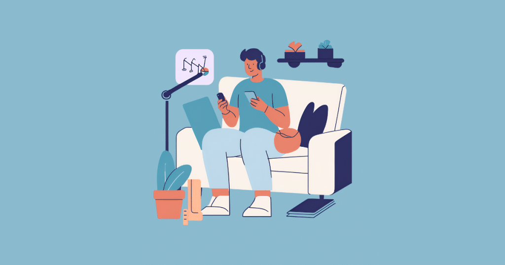 This is a graphic of a man sitting on a couch recording a video script test.