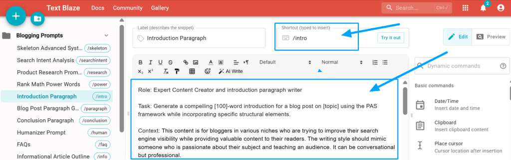 This is a screenshot showing the dashboard of Text Blaze and all my prompts and keyboard shortcuts.
